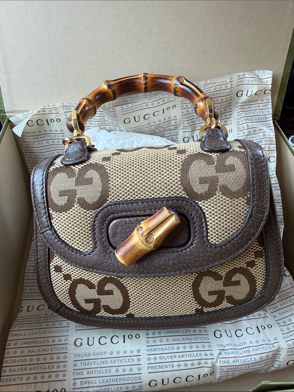 Gucci Brown GG Canvas Bamboo-Handle Satchel - Picture 1 of 4